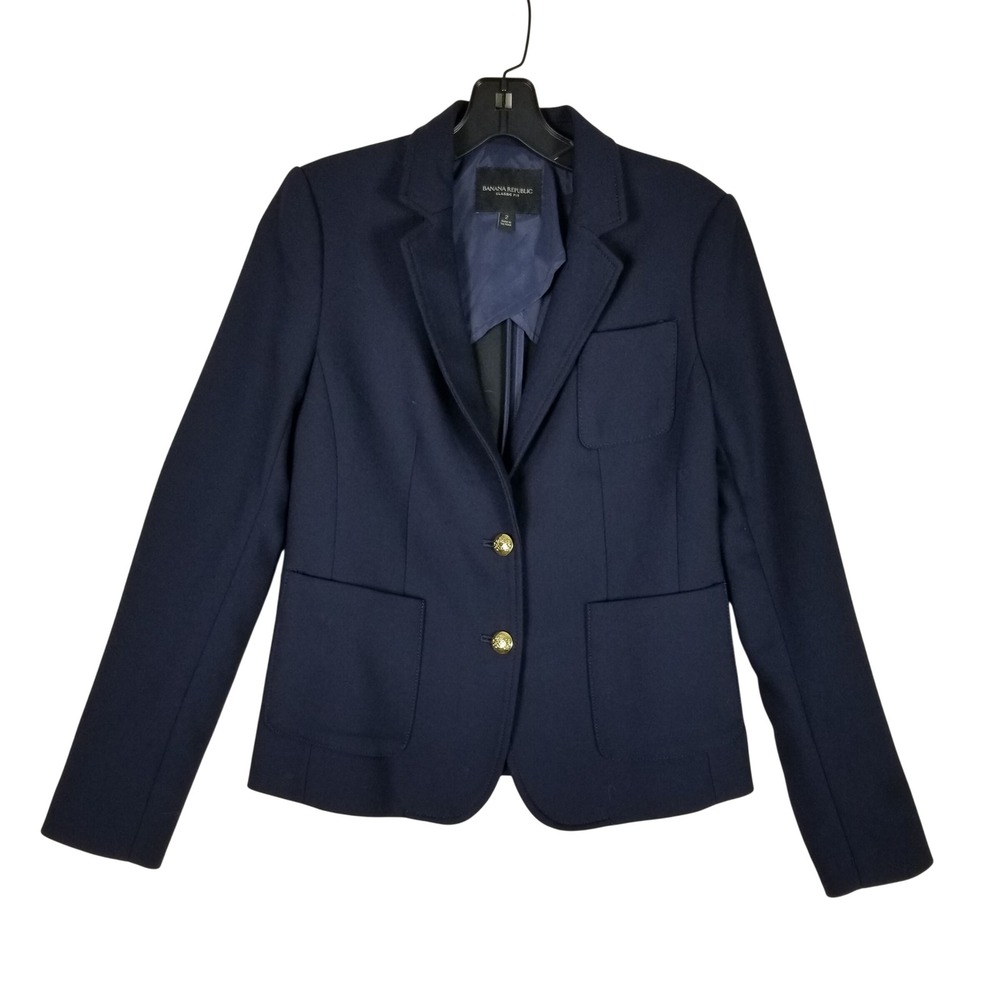 Banana Republic Blazer Women 2 Navy Blue Gold Button Classic Fit Professional